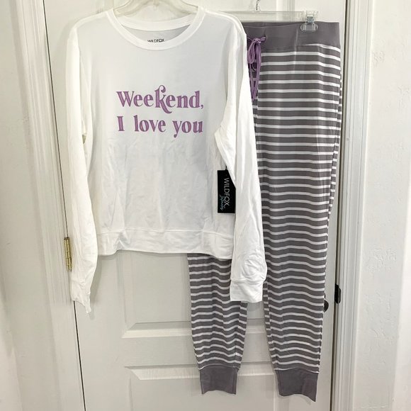 Wildfox Intimates Weekend I Love You Pajamas 2 PC Set Top & Joggers Size Large - Picture 3 of 6